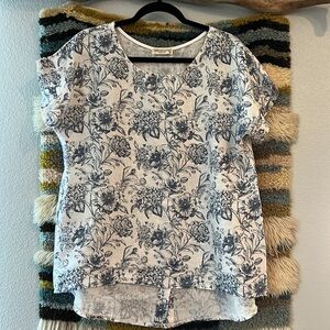 TERZO MILLENNIO Linen Tunic Blouse Button Back Cap Sleeves White Blue Floral S